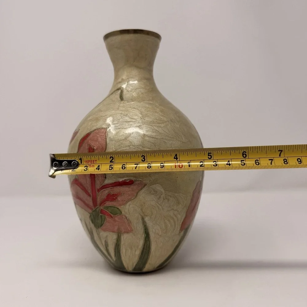 Vintage Brass Enamel Vase Made in India Hand Painted‎ Floral 9.5